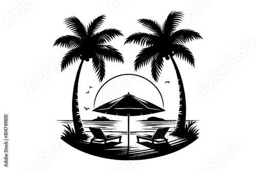 Silhouette of a Tropical beach scene with two palm trees and lounge chairs. Vacation concept. Vector illustration