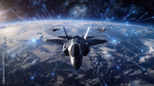 Dramatic display of F-35 aircraft flying high in Earth's atmosphere