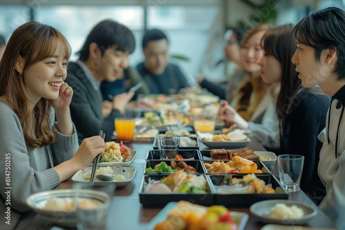 In the simple cafeteria of a modern Japanese office  two colleagues take a break from their tasks to enjoy lunch together. Seated at a basic table with minimal decoration