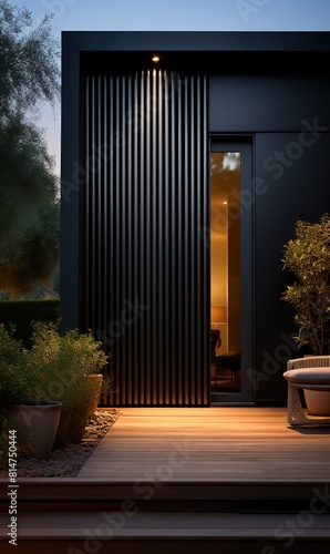 black dark home door aluminum gate slats portal garden of suburb house 