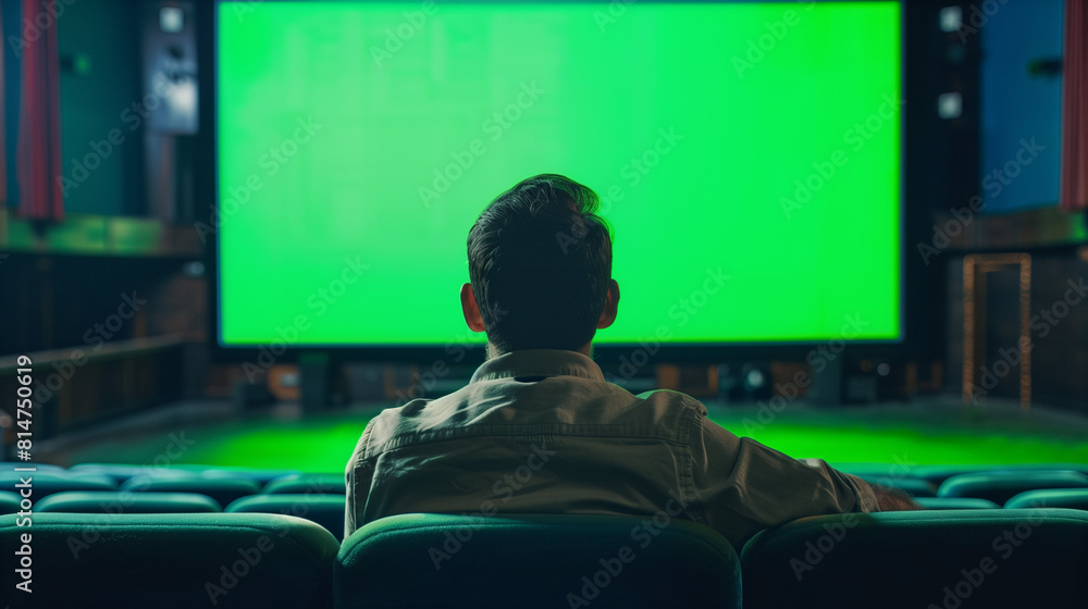 A man sitting in a theater watching a projection screen, in the style of soft focus nostalgia, the cinema screen is GREEN like a placeholder for stock image, greenscreen A man sitting in a theater watching a projection screen, in the style of soft focus nostalgia, the cinema screen is GREEN like a placeholder for stock image, greenscreen
