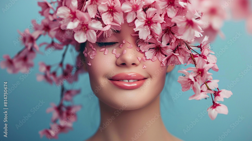 Woman portrait with cherry tree blossom over her head and on her face. Bright summer colors. Woman portrait with cherry tree blossom over her head and on her face. Bright summer colors.