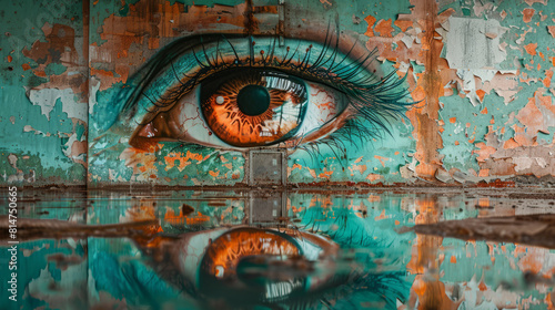 Surreal giant eye painted on a dilapidated turquoise wall