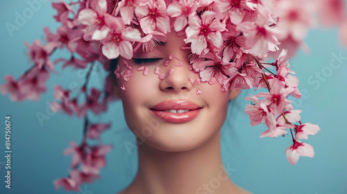 Woman portrait with cherry tree blossom over her head and on her face. Bright summer colors. photo