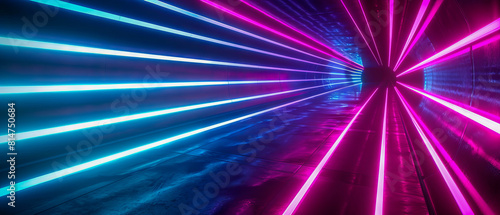 A long tunnel with neon lights in it