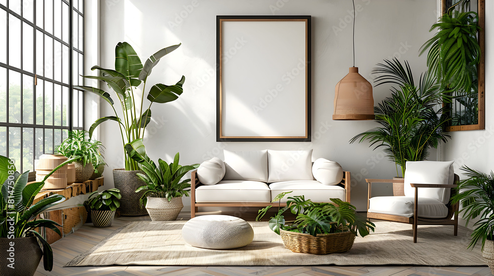Tranquil Modern Living Room with Empty Poster Frame on White Wall and Lush Green Plants