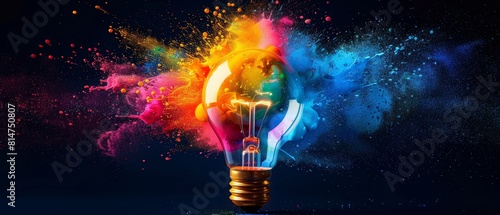 Stylized image of a light bulb erupting with a burst of multicolored paint, set against a black background to enhance the visual impact of innovation