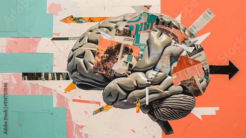 Multiple pieces forming a brain shape, collage art style, typography, magazines, arrows pointing out of the brain