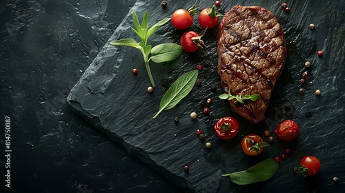 Grilled steak with herbs on slate background photo