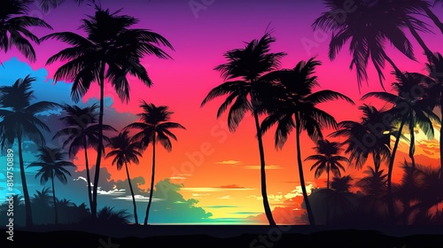 Beautiful sunset over the ocean with palm trees in the foreground. Palm trees and ocean under a colorful tropical sunset sky.