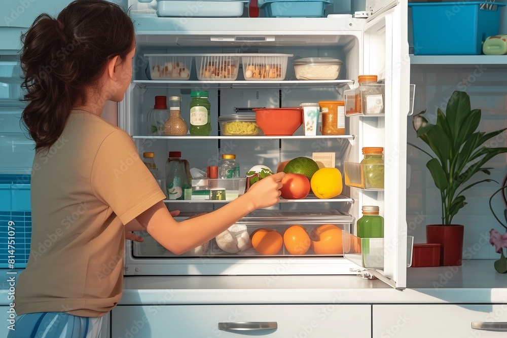 a girl opened refrigerator in kitchen a girl opened refrigerator in kitchen