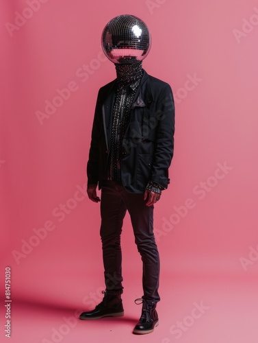 A man with a disco ball instead of a head. Music lover on pink background