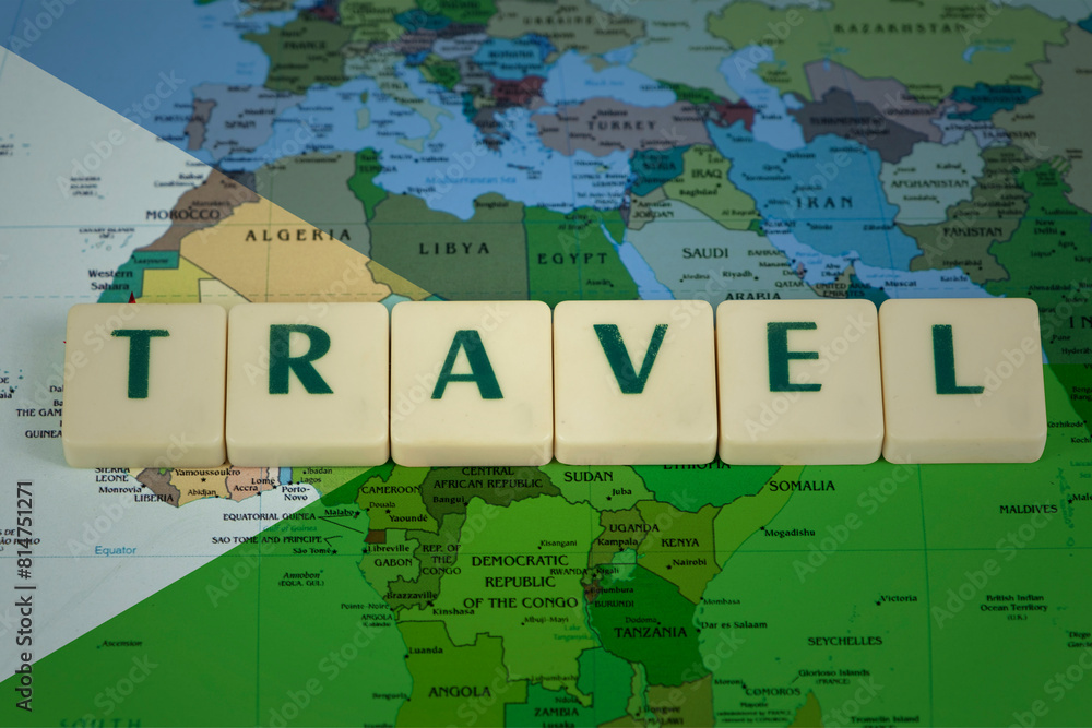Naklejka premium Djibouti flag with travel text, world map, vacation in Djibouti idea, new destination and journey