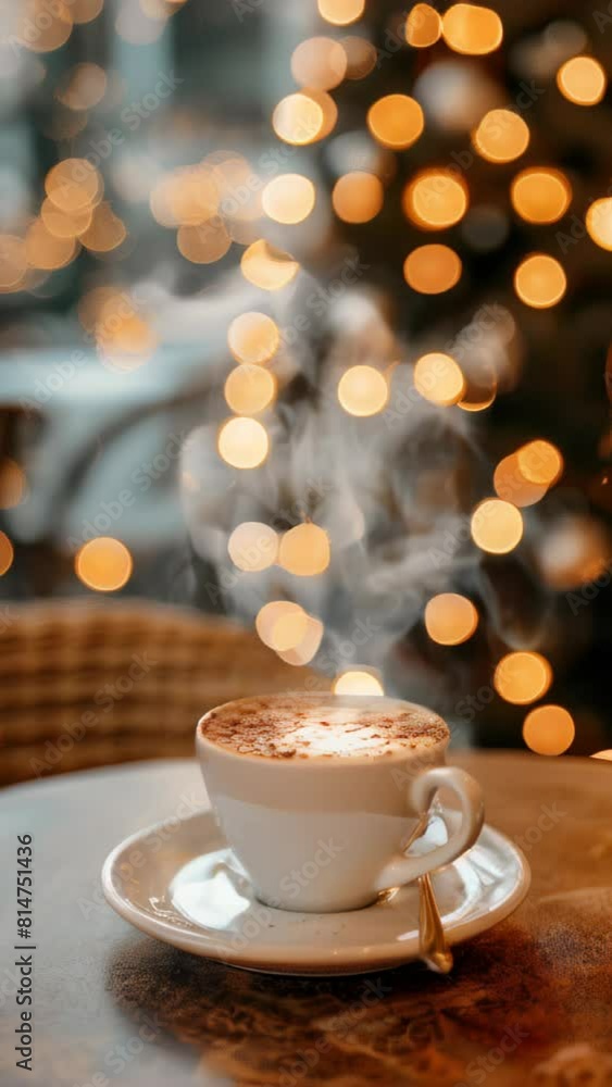steam gently rising from a cappuccino cup on a festive morning, capturing the serene holiday mood with a background of blurred twinkling Christmas lights, slow motion vertical video . steam gently rising from a cappuccino cup on a festive morning, capturing the serene holiday mood with a background of blurred twinkling Christmas lights, slow motion vertical video .