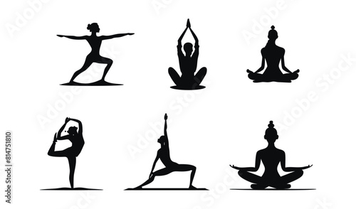 Set of silhouettes of woman doing yoga exercises. Black shapes of woman isolated on white background. 
