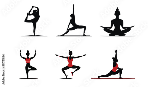 Set of silhouettes of woman doing yoga exercises. Black shapes of woman isolated on white background. 