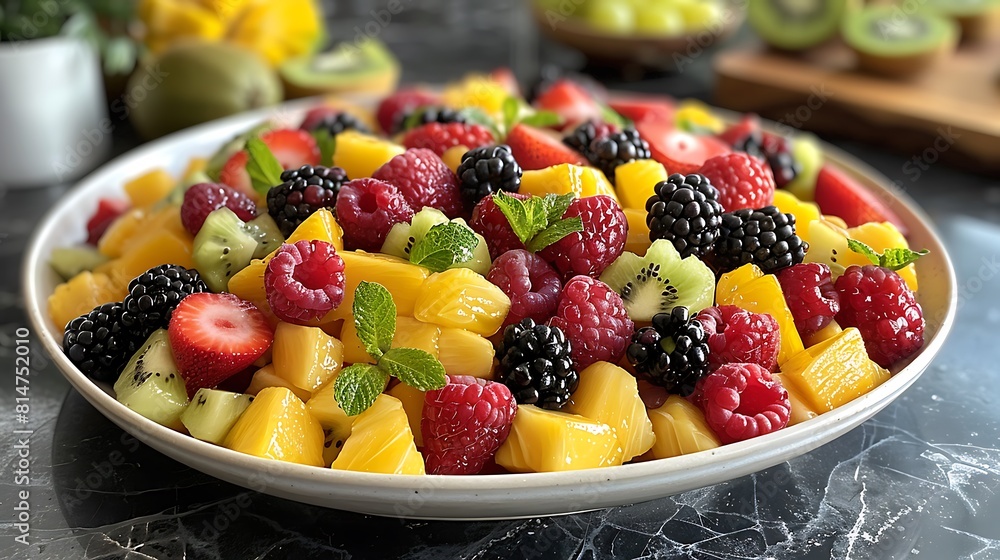 A symphony of colors and textures come together in a vibrant bowl of fresh fruit salad, each bite bursting with natural sweetness.
