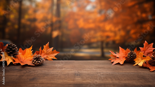 Autumn background with colored maple leaves and pine cones on the wooden background