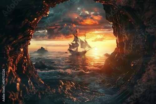 Ship sailing in the sea framed by a round frame, sunset in the background, fantasy concept.