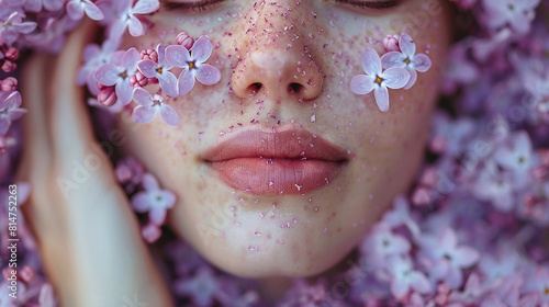 Woman portrait with lilac flowers around her head and with polen on her face. Beautiful spring concept.