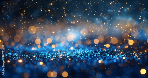 Abstract background with blue and gold glitter lights, bokeh effect 