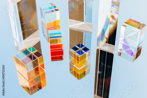 Colorful glass prisms reflecting light and color. Composition of prismatic cubes and figures, capturing and refracting light to display a vibrant spectrum of colors. Blue sky mirror reflection, shadow photo