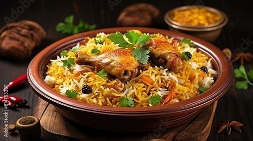 Chicken biryani is a traditional rice dish cooked with fragrant spices and juicy chicken.