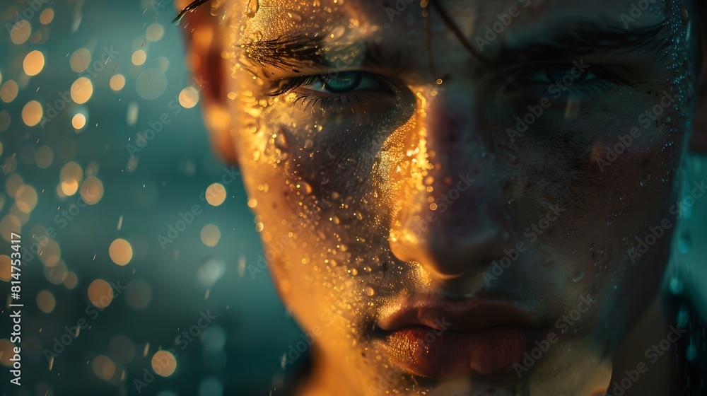 Intense gaze: young man's face illuminated with golden light and glistening water drops Intense gaze: young man's face illuminated with golden light and glistening water drops