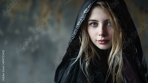 Mysterious woman in black hoodie with intense gaze and subtle smirk