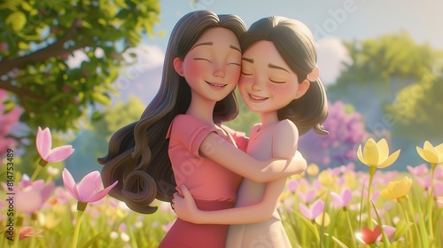 Cartoon Character with Mom and Daughter Embracing

 photo