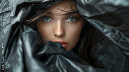 Mysterious woman shrouded in a dark cloak with intense blue eyes peering out photo