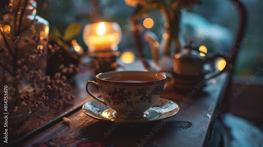 Fototapeta premium Cup of tea on a wooden table in a cozy room