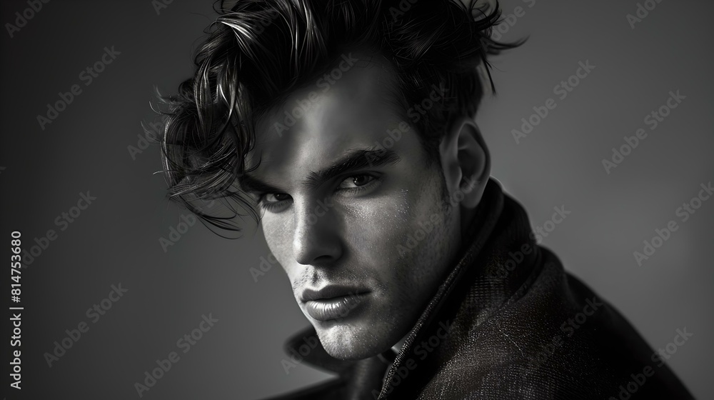 Fototapeta premium Stylish young man with modern hairstyle in monochrome portrait