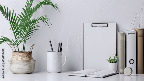 Back to school concept. Monochrome picture of a desk with houseplant in grey color pot, grey color copybooks and books on the grey table.