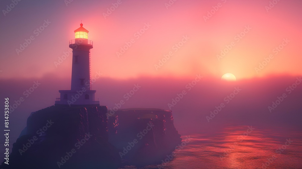 Majestic sunset at a seaside lighthouse overlooking calm waters