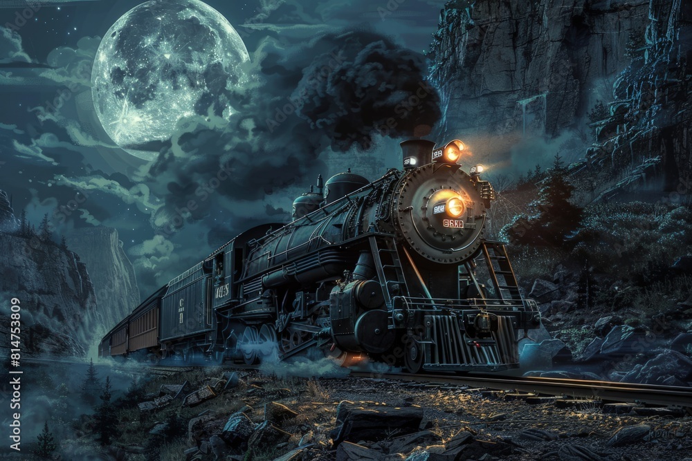 Black steam train with smoke and lights, full moon in the background, fantasy, fiction. Black steam train with smoke and lights, full moon in the background, fantasy, fiction.