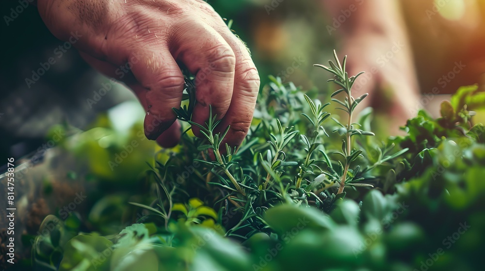 Fototapeta premium Gardener tending to fresh herbs in sunlit garden, careful hands cultivating plants