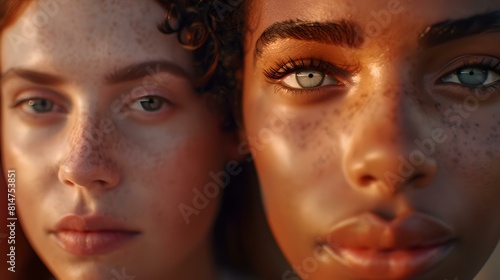 Close-up portrait of two diverse women embracing unity and diversity