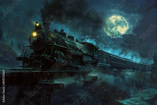 Black steam train with smoke and lights, full moon in the background, fantasy, fiction.