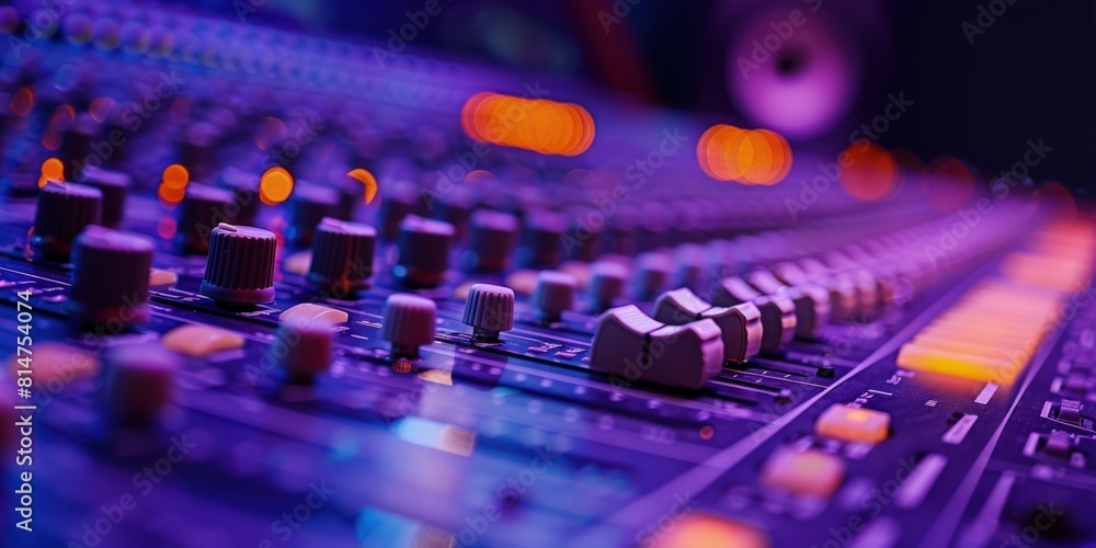 Soundboard with horizontal and vertical buttons, blurred background with purple tones, music concept, music production studio. Soundboard with horizontal and vertical buttons, blurred background with purple tones, music concept, music production studio.