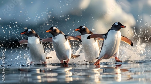 Graceful penguins gliding over water and ice, a stunning show in nature