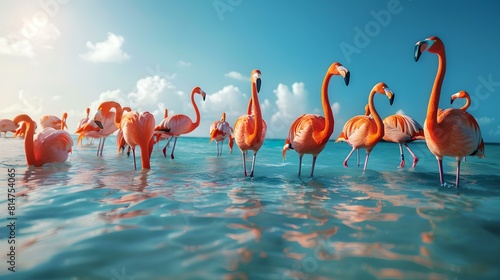 Flock of flamingos wading in crystal clear waters under blue sky photo