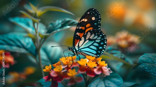 Colorful butterfly perched on vibrant flowers in serene garden scene