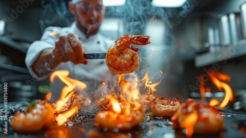 Design a set of postcards featuring different flambeing techniques, with one card depicting a chef flambeing shrimp and providing a recipe on the back 8K , high-resolution, ultra HD,up32K HD photo