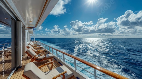 Panoramic ocean view from luxurious cruise balcony at noon.