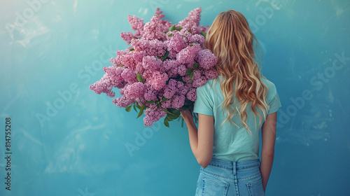 Beautiful young woman in a blue color t-shirt with a big bouquet of lilac with a copyspace on the blue background.
