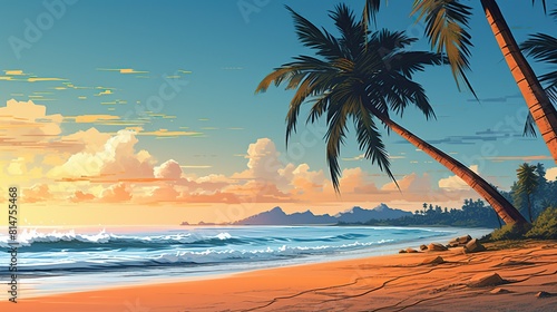 Exotic beach scene with palm trees swaying in the breeze  perfect for a relaxing Caribbean vacation.