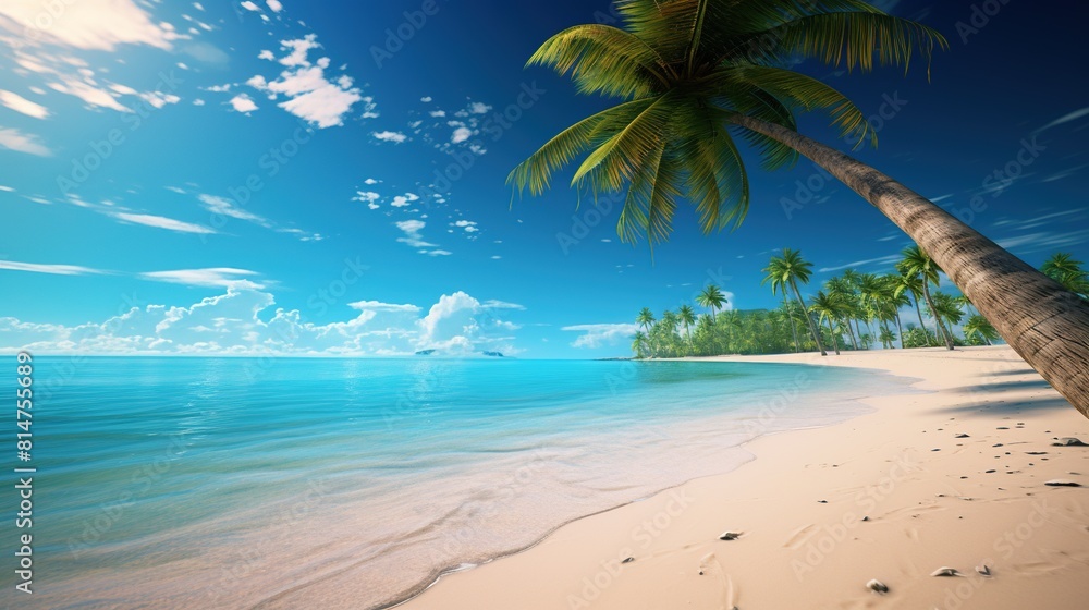 Exotic beach scene with palm trees swaying in the breeze, perfect for a relaxing Caribbean vacation.