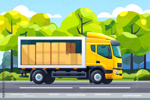 A truck on the road, in a flat illustration style with a simple background and cartoon character design. The color scheme uses blue and yellow with simple lines and white space in front of the truck © Jirut