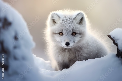 Serene arctic fox with a dusting of snow on its fur, against a soft winter backdrop